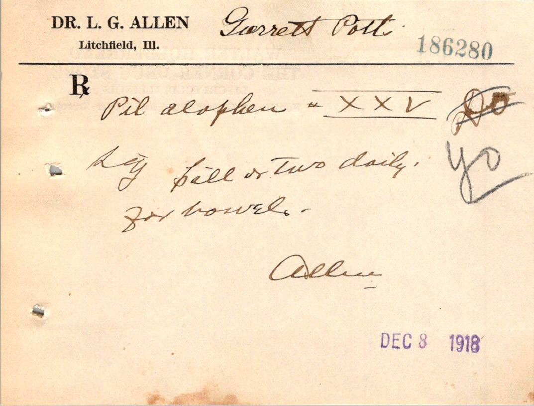 1918 Spanish Flu Era Dr. L.G. Allen Litchfield IL Handwritten Prescription Form