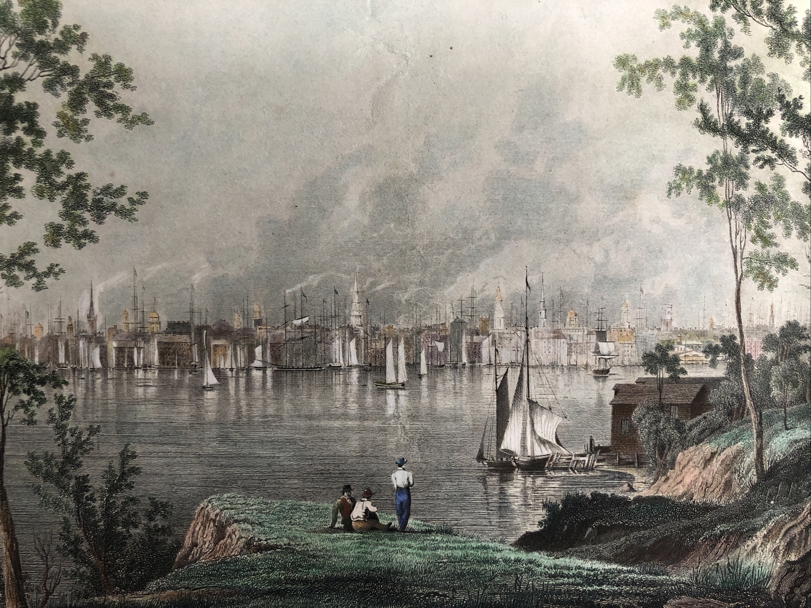 1834 HAND COLORED STEEL ENGRAVING VIEW OF NEW YORK CITY FROM BROOKLYN HEIGHTS