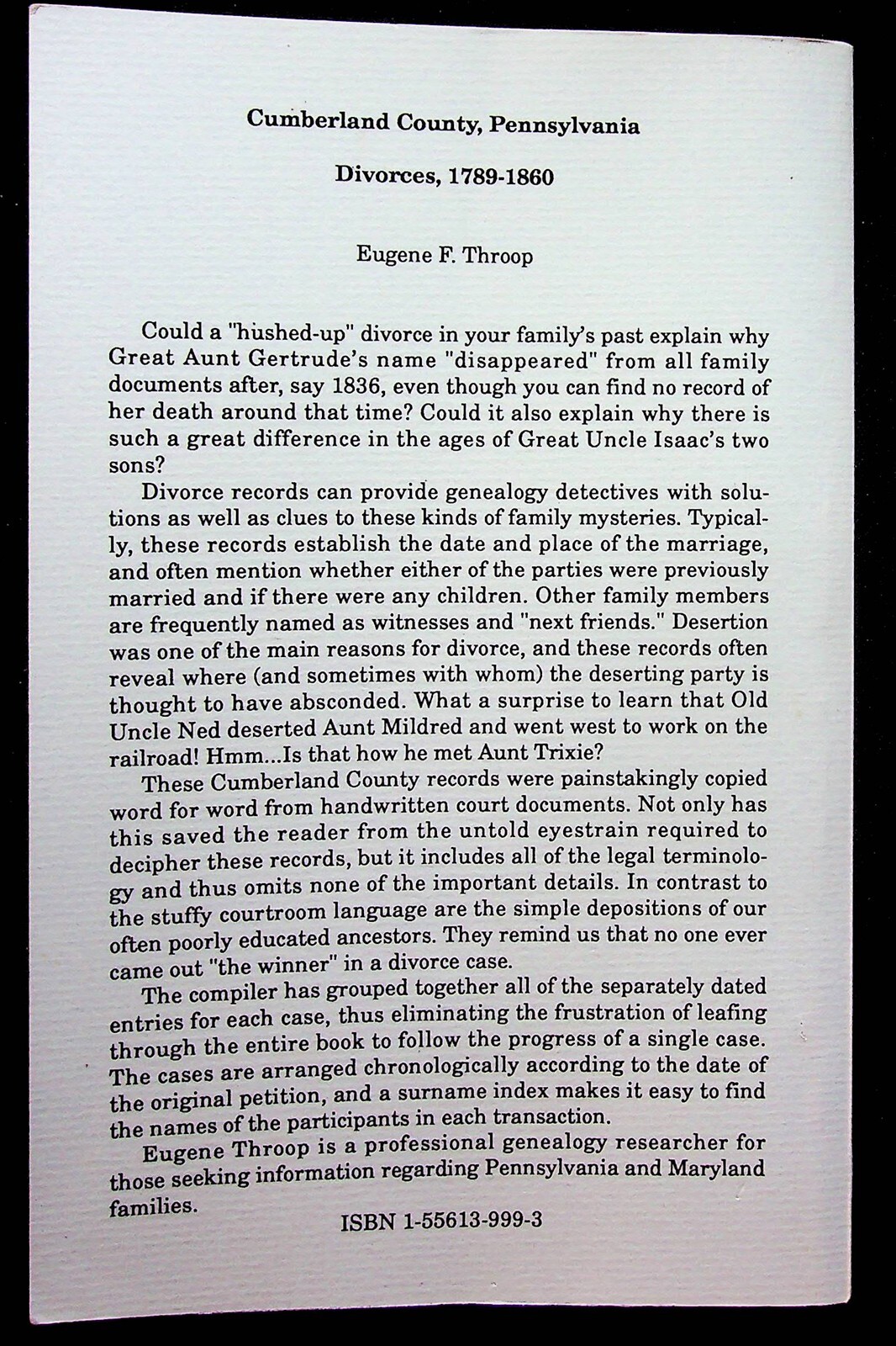 Cumberland County Pennsylvania Divorces 1789-1860 Eugene Throop Softcover Book
