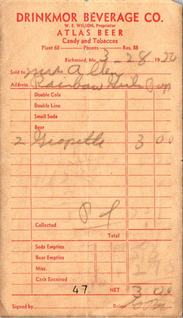 1950s Drinkmor Beverage Co Richmond MO 4 Receipts Rainbow Cafe Ritz Cafe