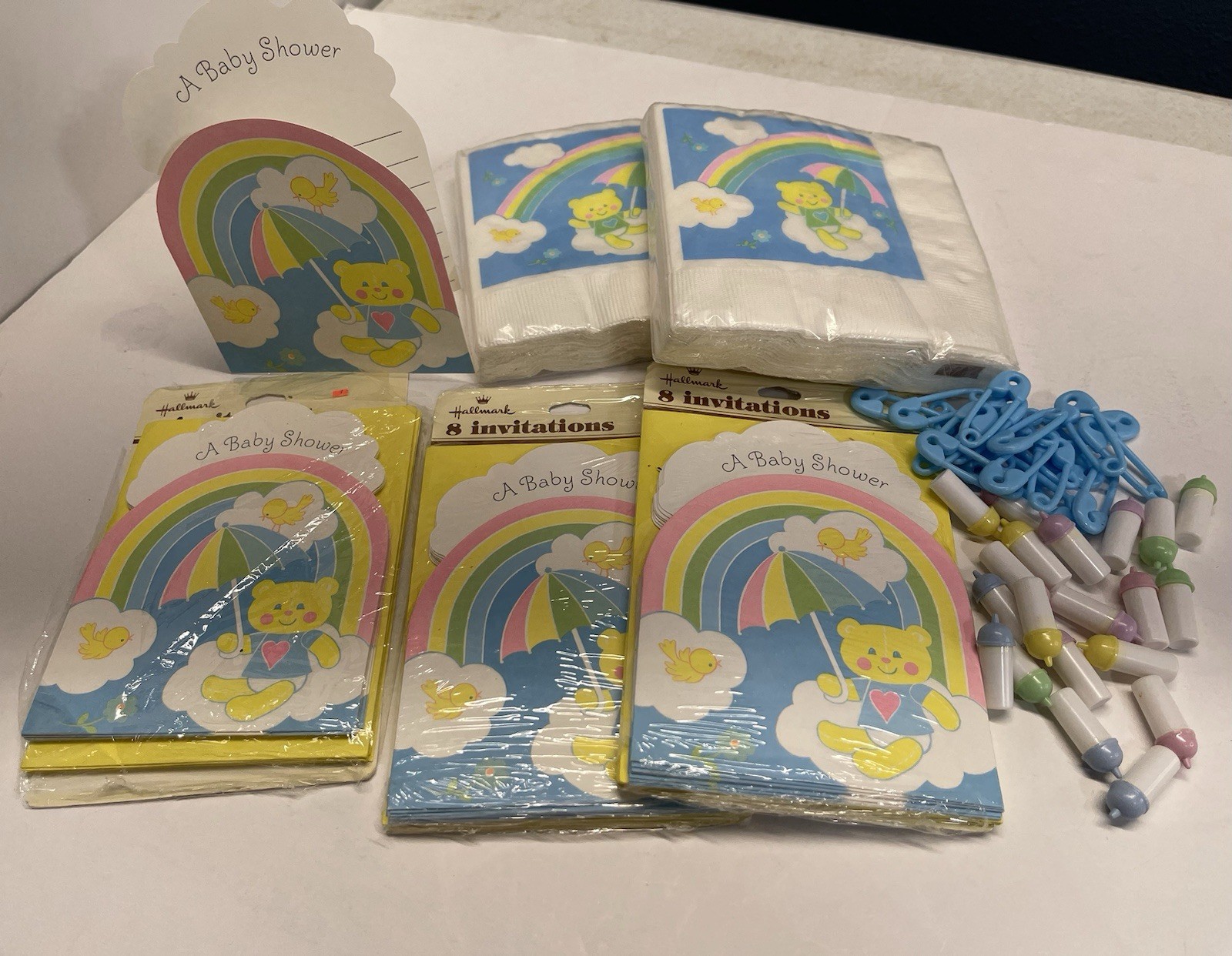 VTG Baby Shower Paper Invitations Napkins Rainbow Bear Plastic Bottles Pin Decor
