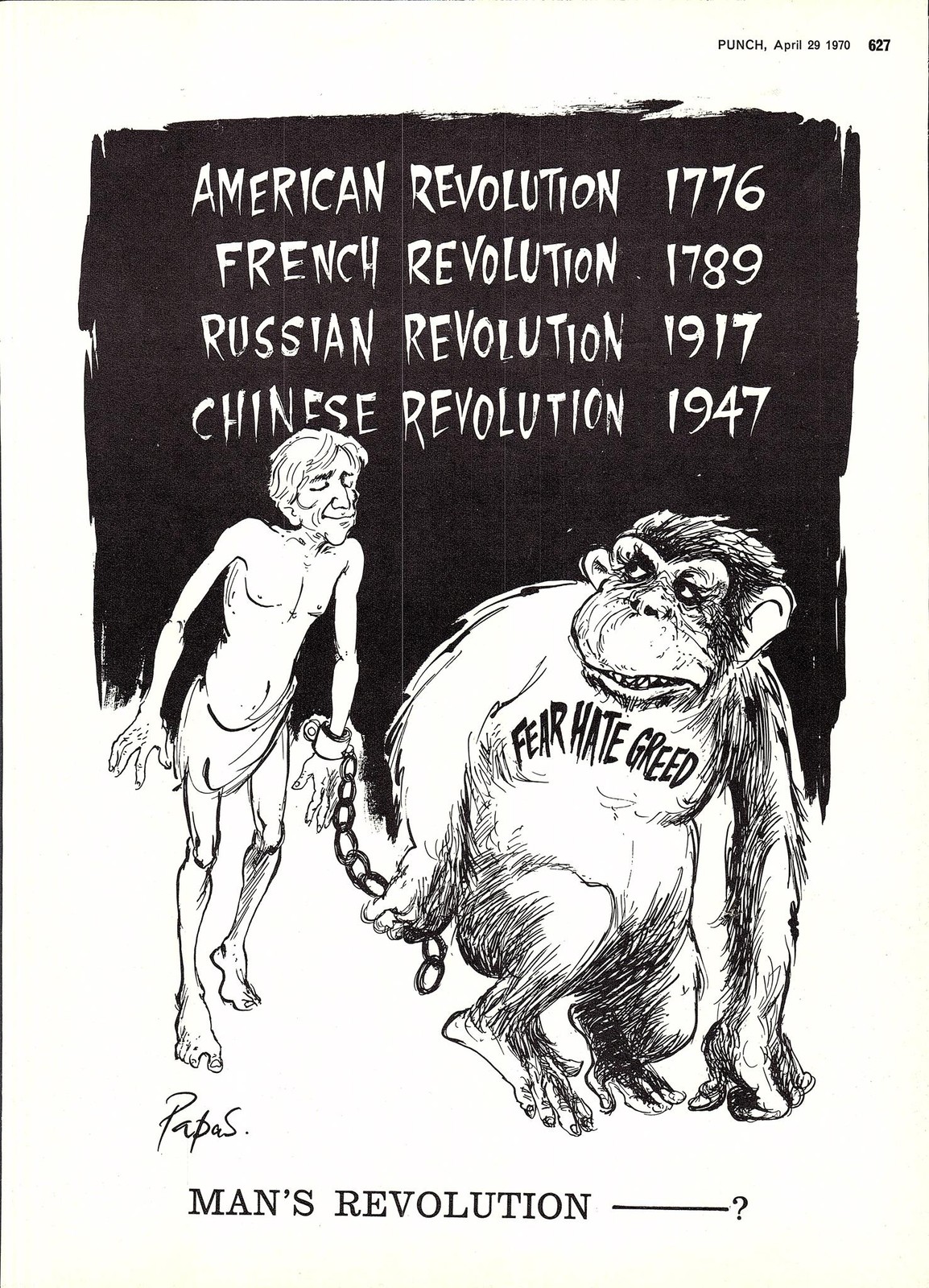 Original 1970 Punch Cartoon Print “Mankind’s Revolution…..?” Vintage Ephemera