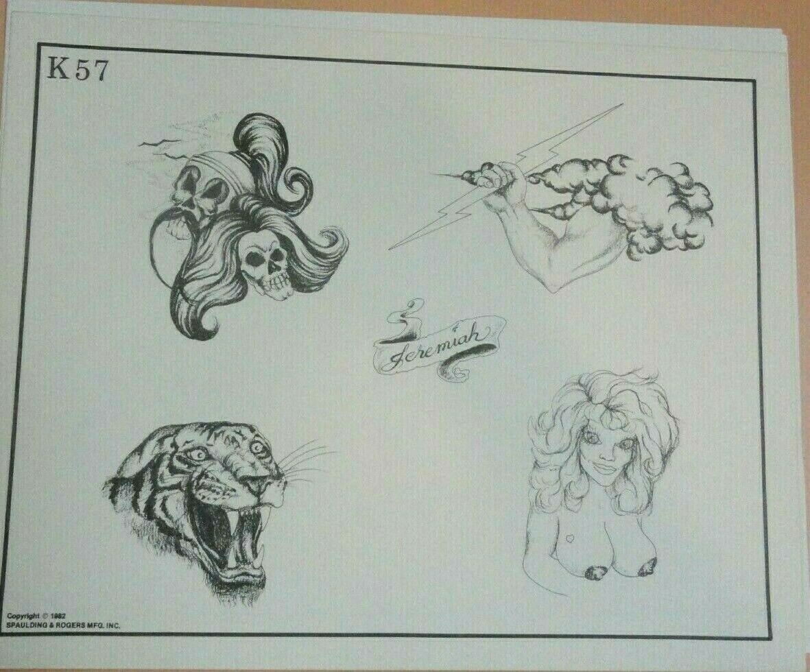 Vintage RARE 1982 Spaulding & Rogers Tattoo Flash Sheet K57 Zeus Tiger Skulls