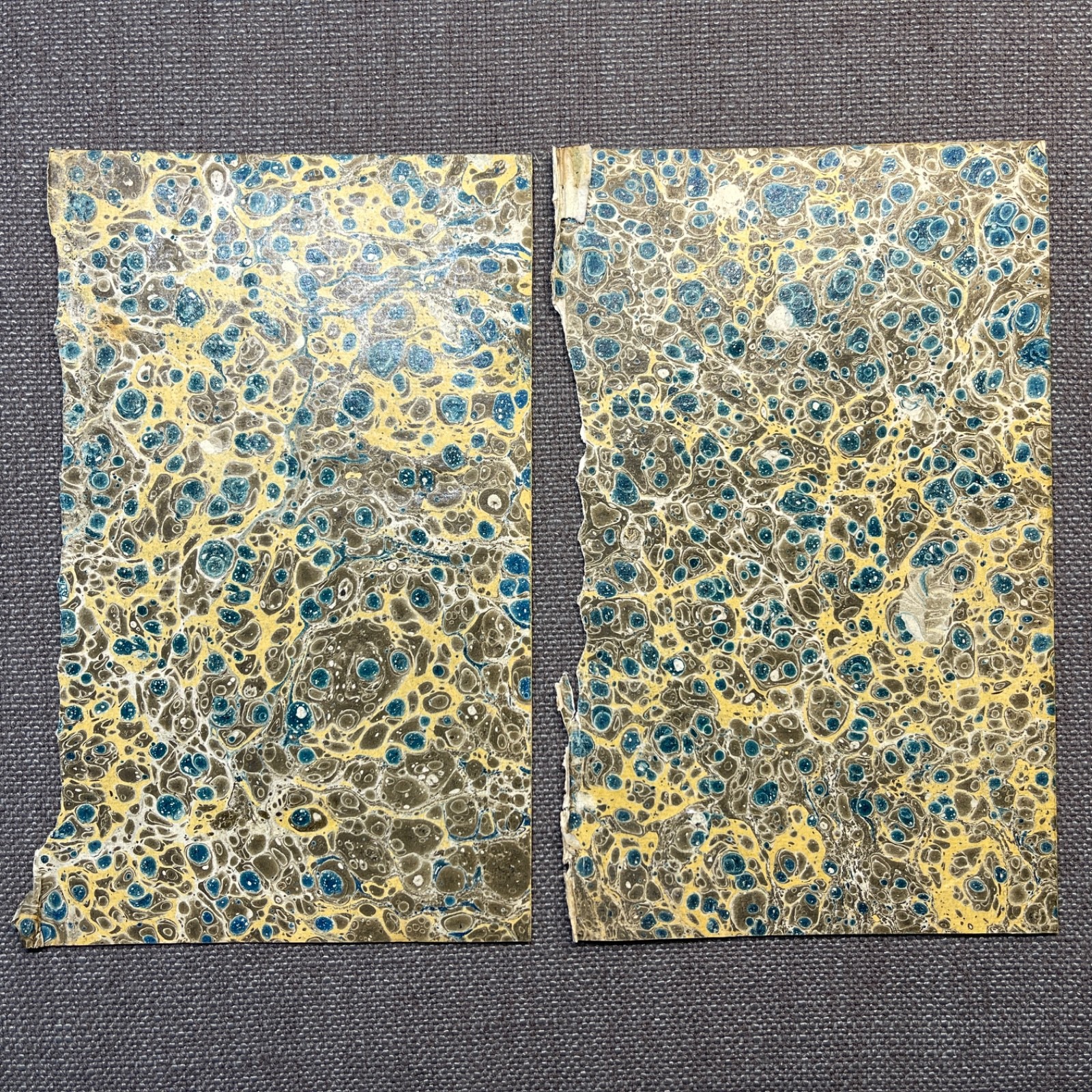 Antique Marbled End Papers Pair 1800s Bookbinding Blue Brown Beige White