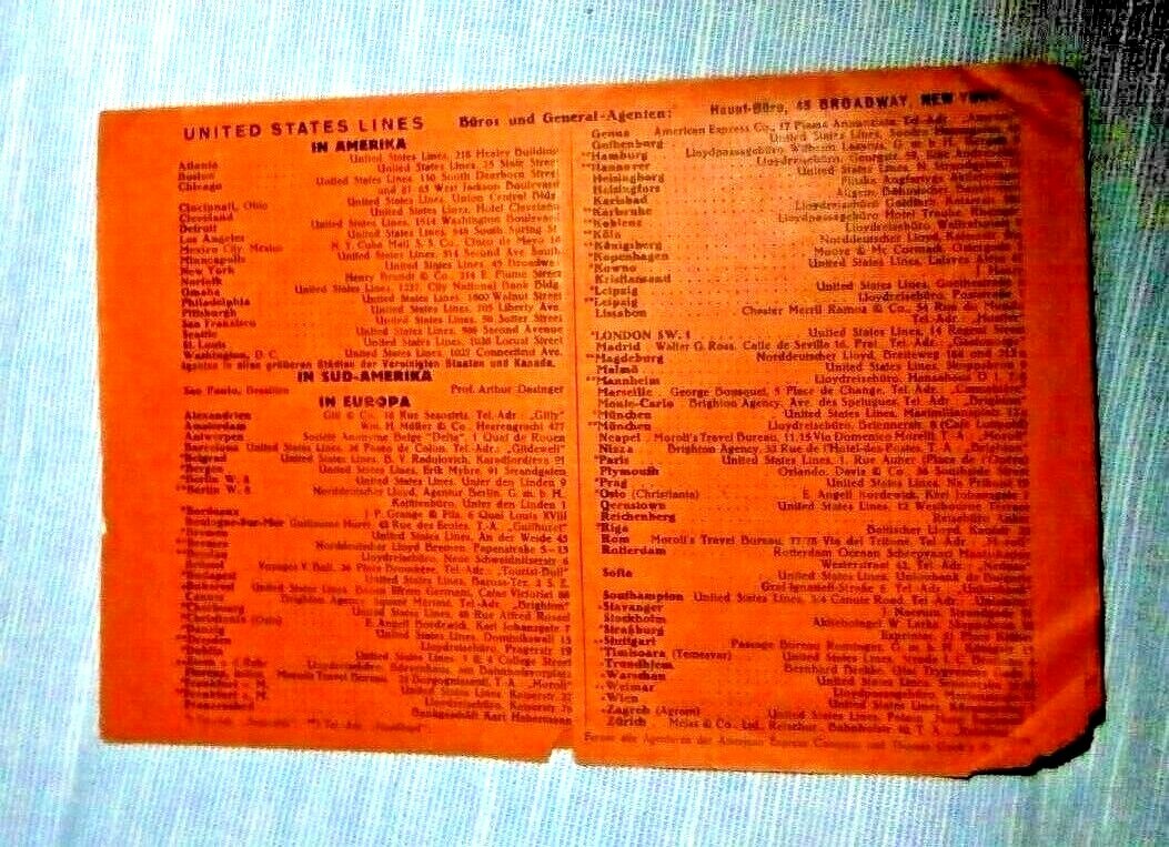 VINTAGE TIMETABLE UNITED STATES LINES NEW YORK TO BREMEN SHIP LEVIATHAN 1928