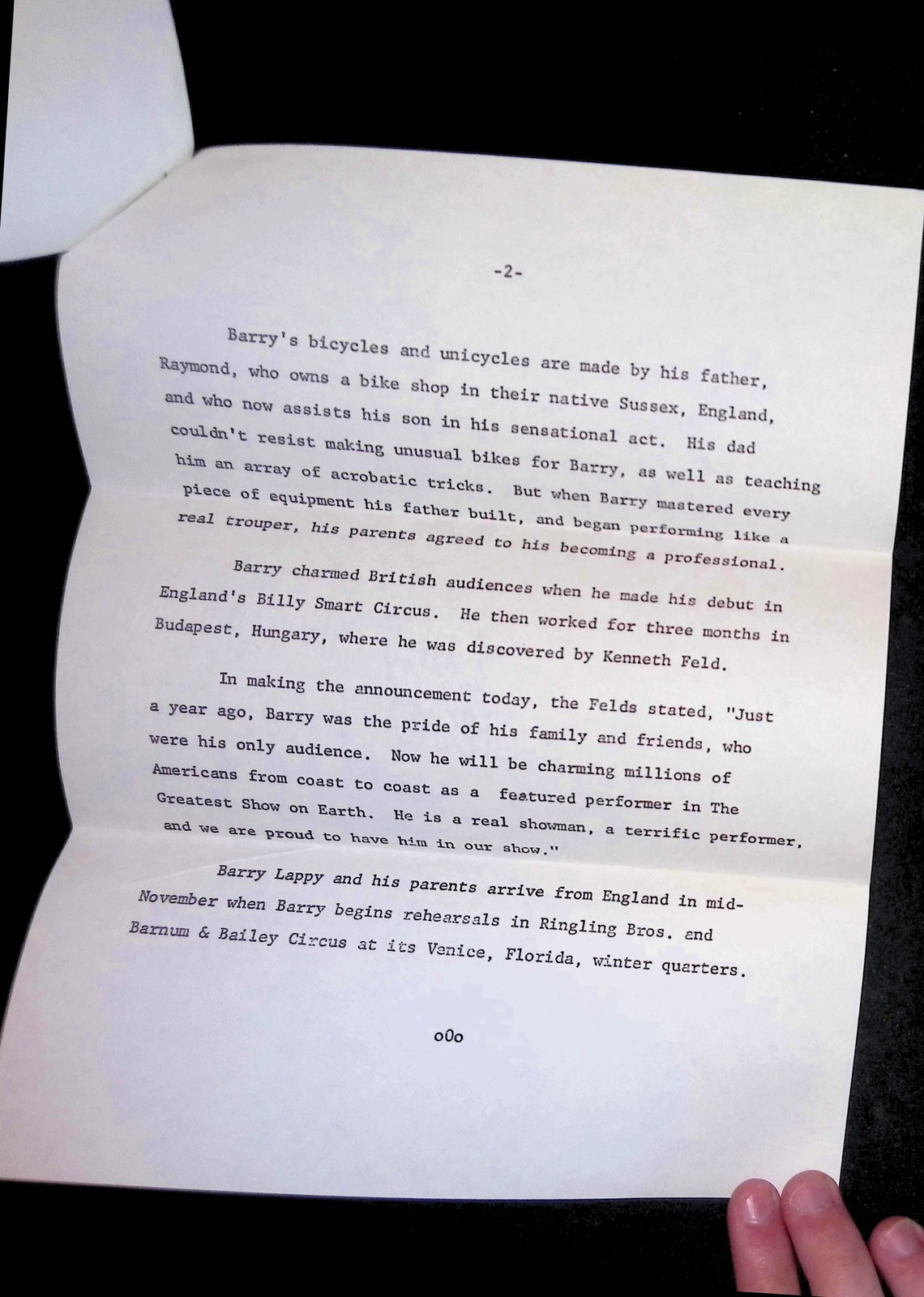 1974 Ringling Bros Circus Press Release Barry Lappy Bicycle Wizard 2pp Envelope