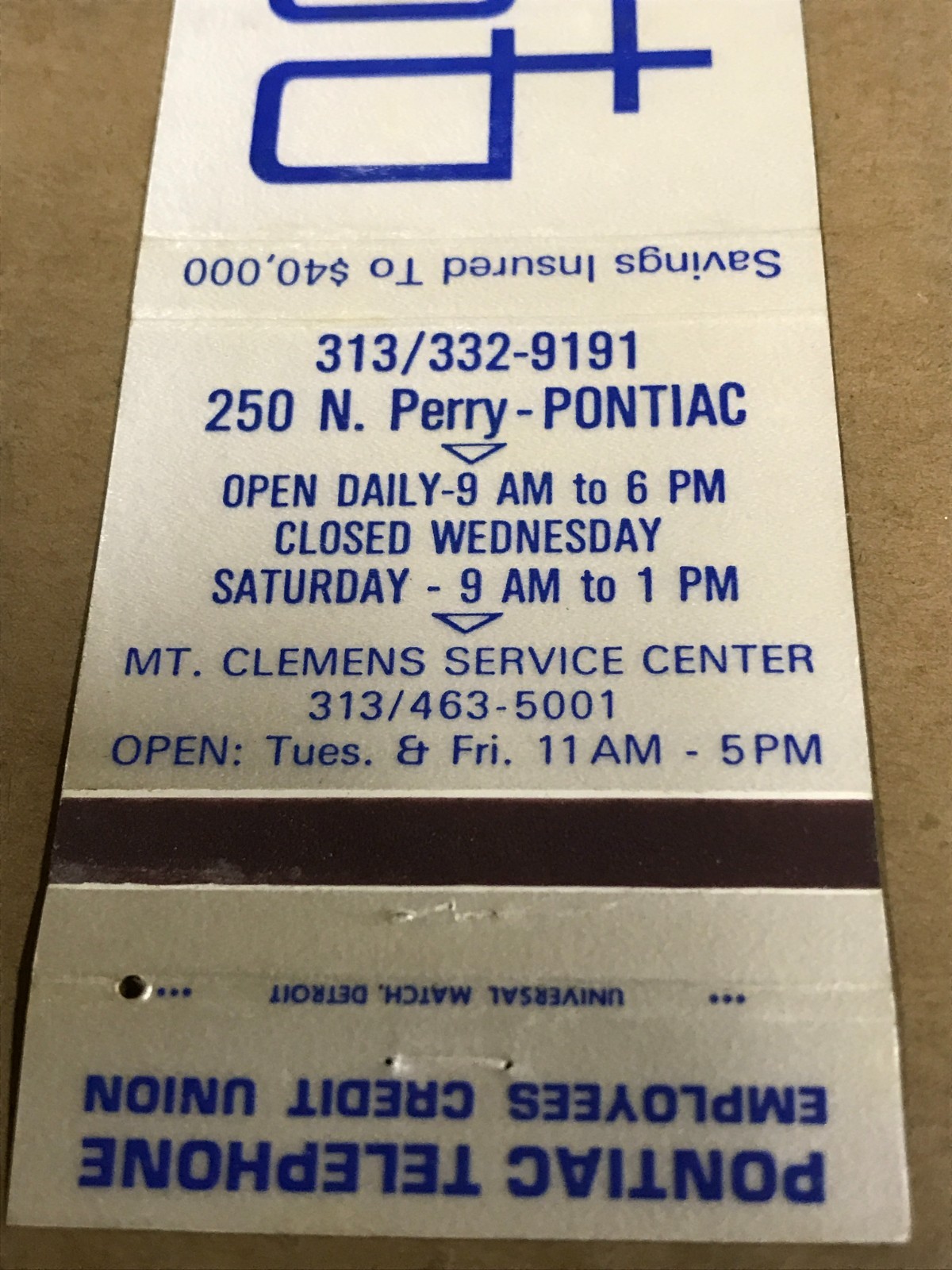 Vintage Pontiac Telephone Employees Credit Union – Matchcover, Matchbook