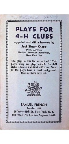Samuel French 1938 Plays for 4-H Clubs One-Act Non-Royalty Catalog New York & LA