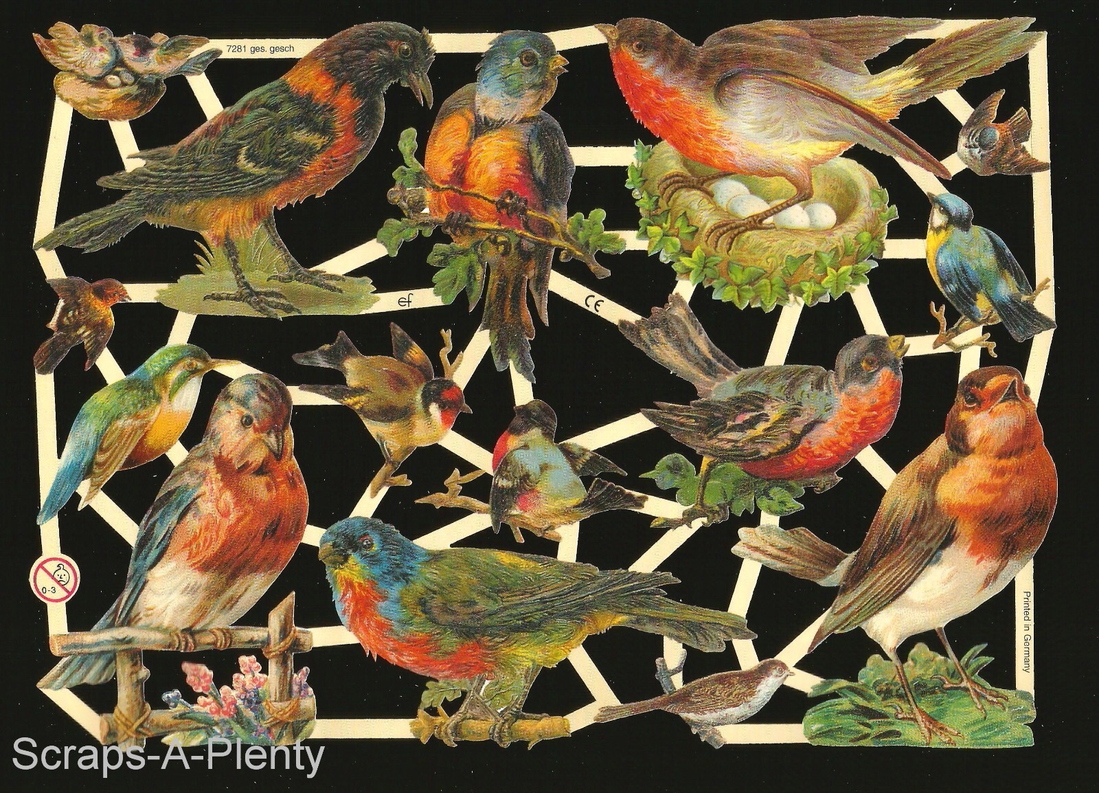 German Embossed Victorian Style Scrap Die Cut- Bright Colorful Birds EF7281