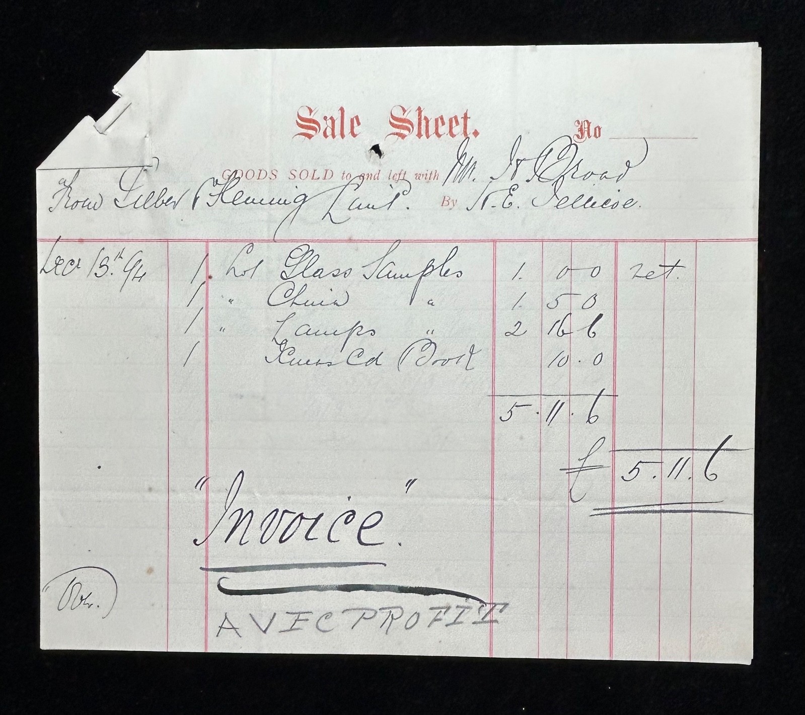 1894 Silber & Fleming, Silber London Invoice Receipt Sales Sheet. #NG50