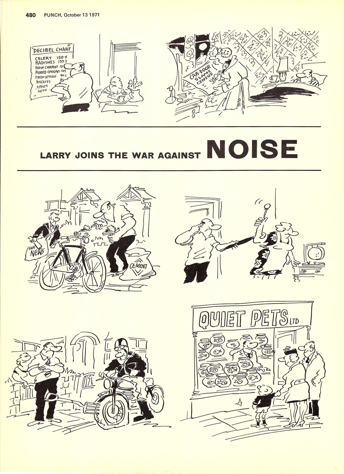 Original 1971 Punch Cartoon Page ‘Larry Joins War Against Noise’ Vintage Print