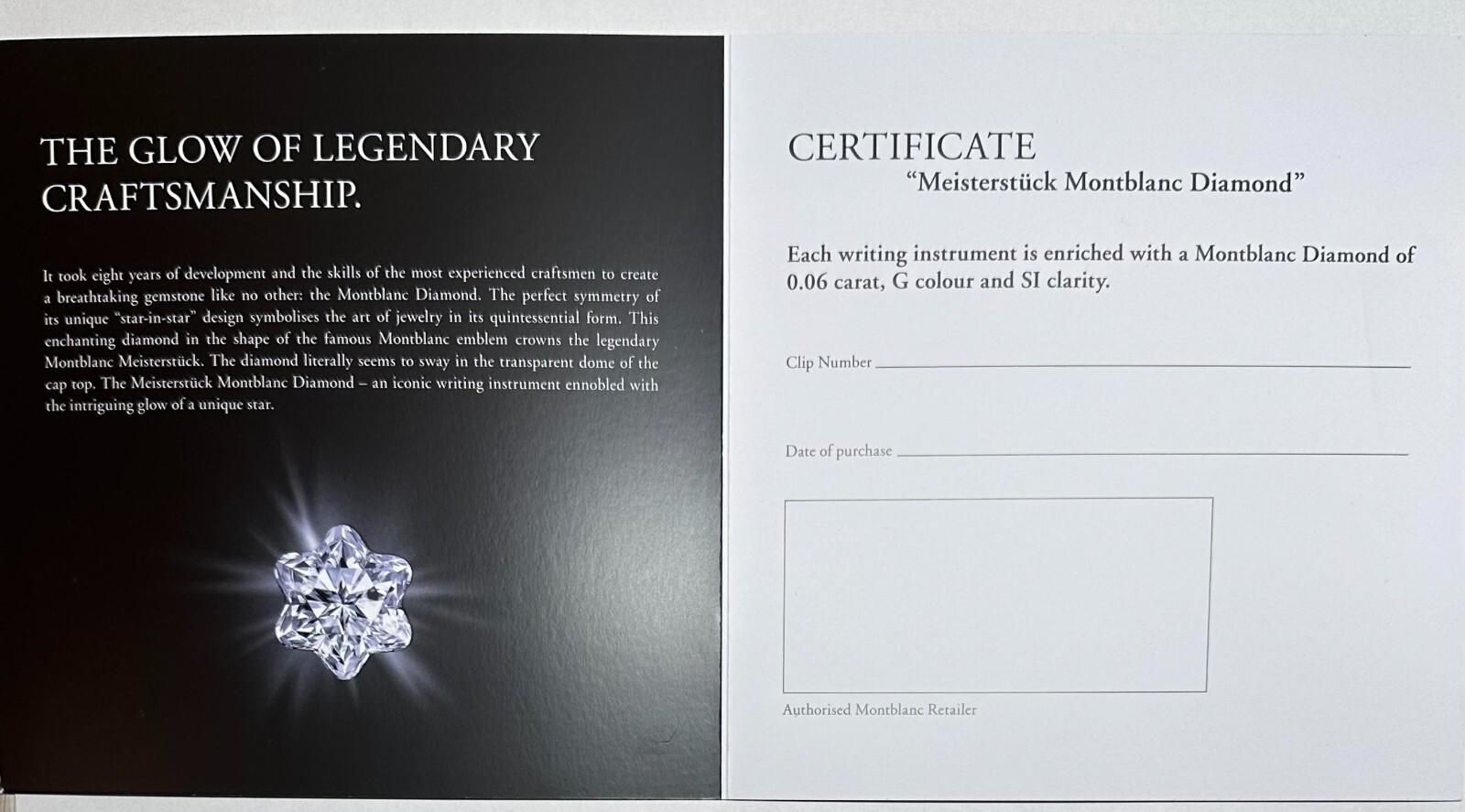 Authentic Montblanc Meisterstuck Empty Blank Diamond Certificate