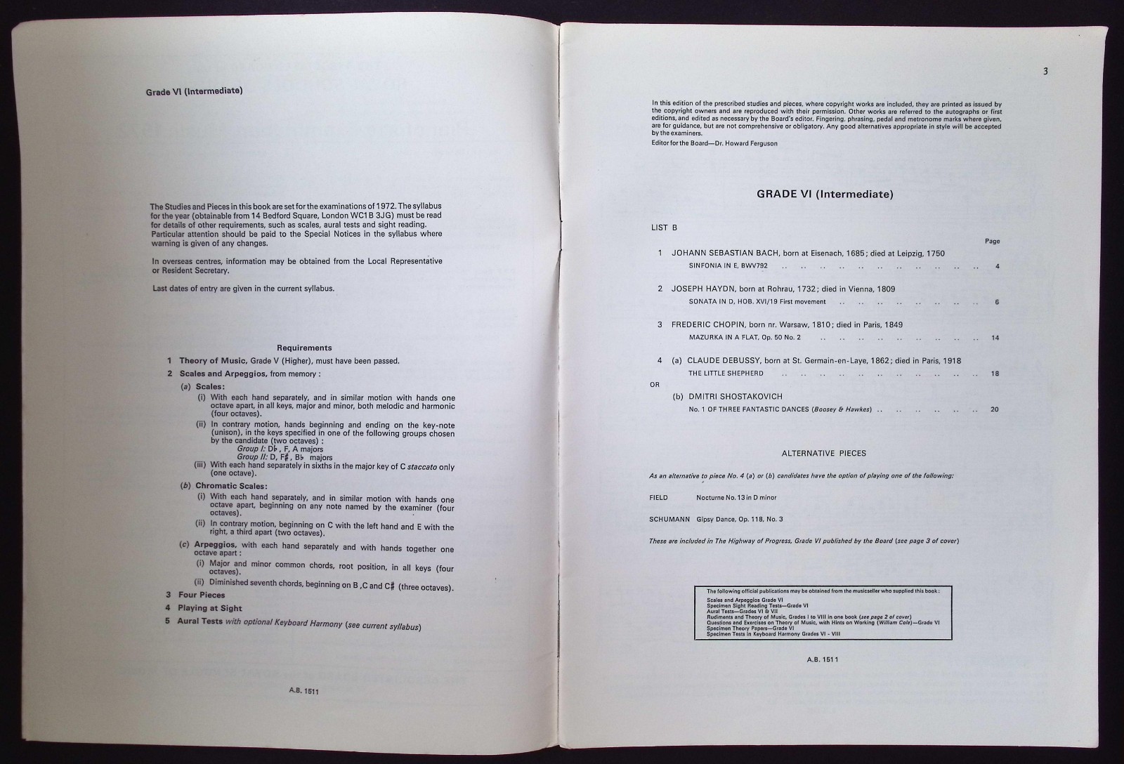 Royal Schools of Music Pianoforte Examinations 1972 Grade VI List B Intermediate