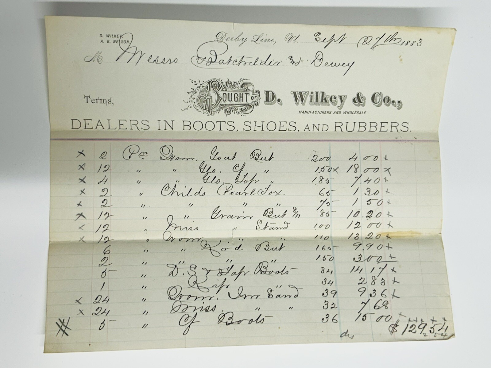 Derby Line, VT 1883 D Wilkey & Co Boots Shoes Rubbers Billhead Invoice Vermont