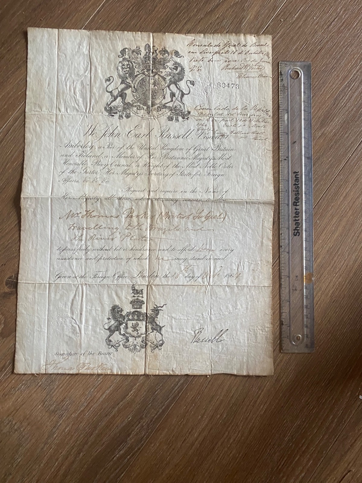 BRAZIL INTEREST – 19TH CENTURY LICENSE TO TRAVEL TO BRAZIL AND RIVER PLATE 1864