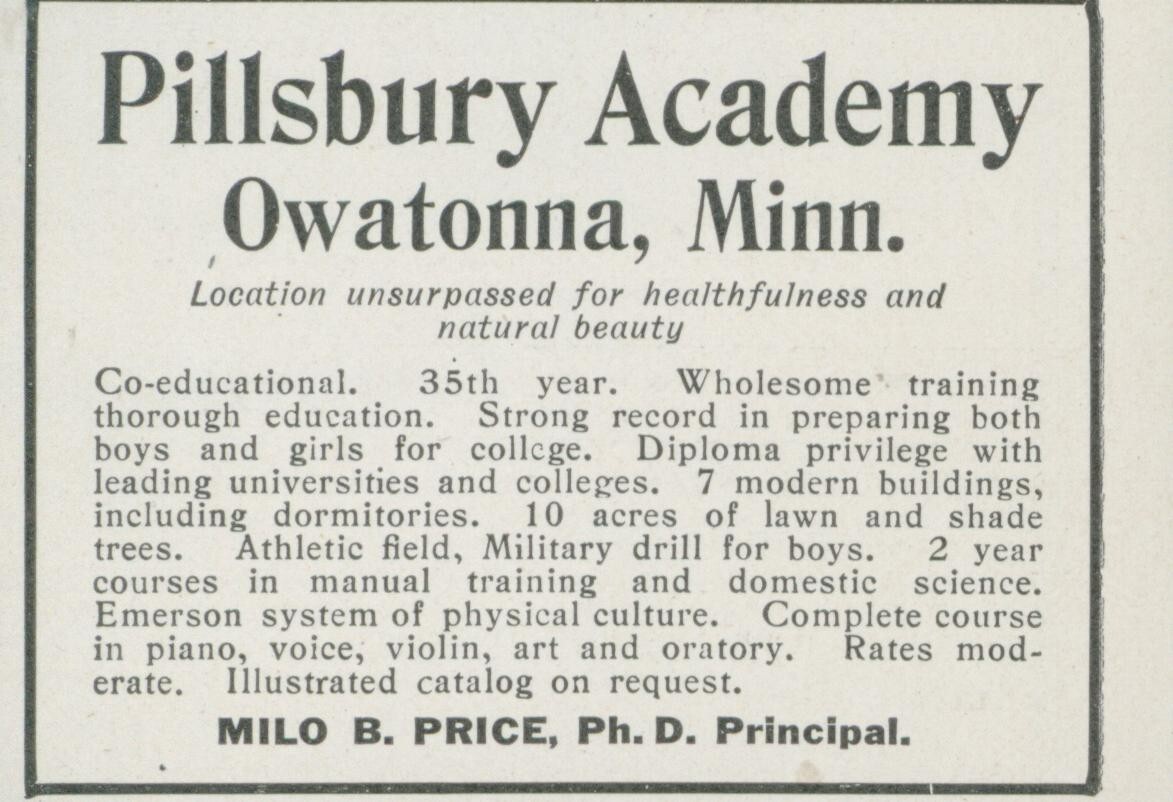 1912 Pillsbury Academy Owatonna MN Milo B Price Principal Vtg Print Ad CO4