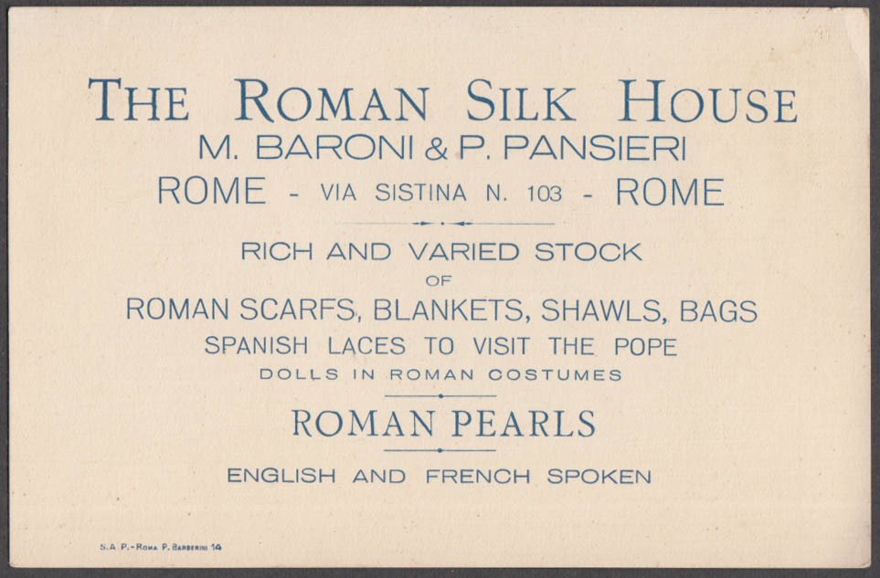 Roman Silk House M Baroni & P Pansieri Scarfs Pearls trade card Italy ca 1930s