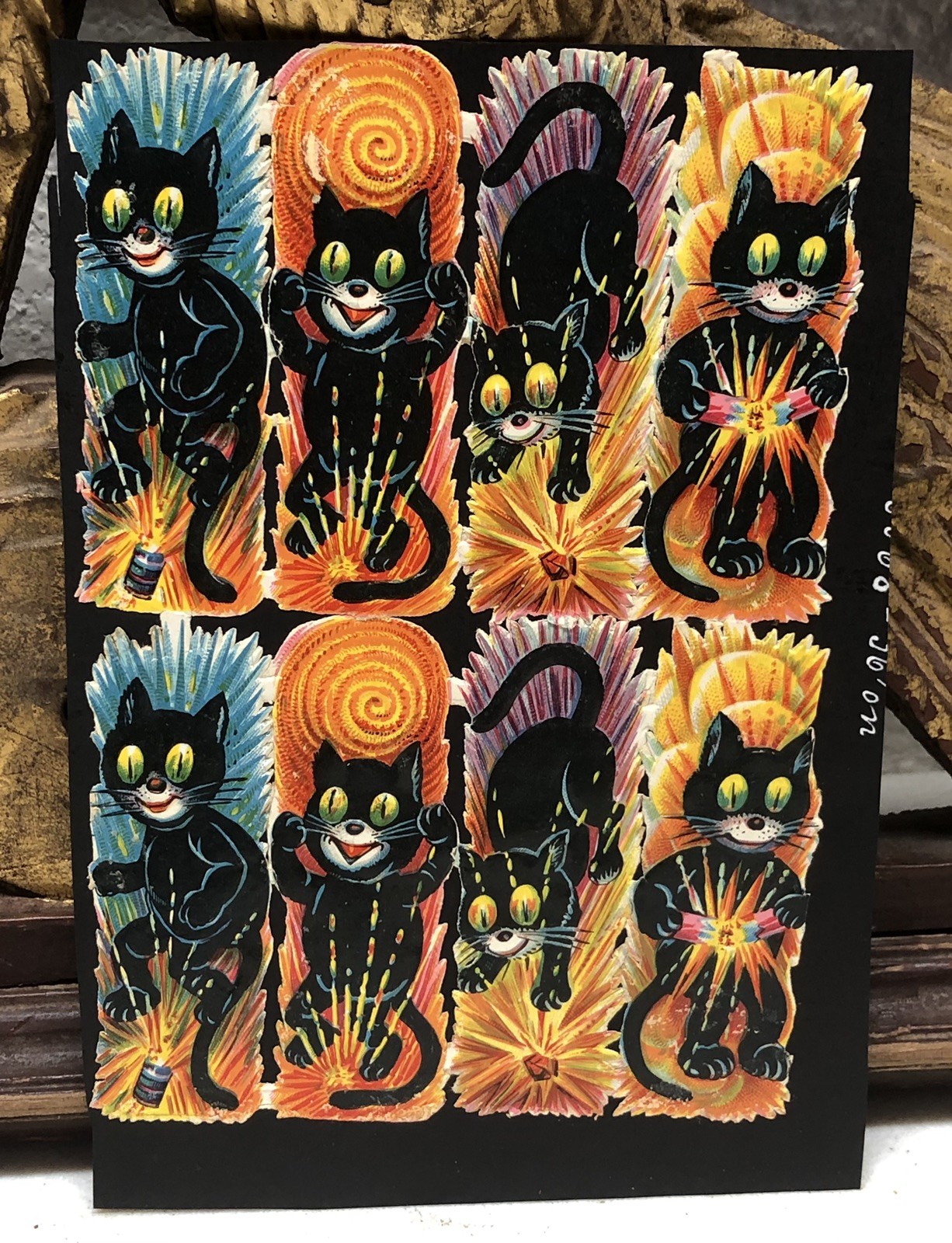 Black Cats & Masks w/ Faces Die Cut Scraps Glued on Paper Double Sided L17