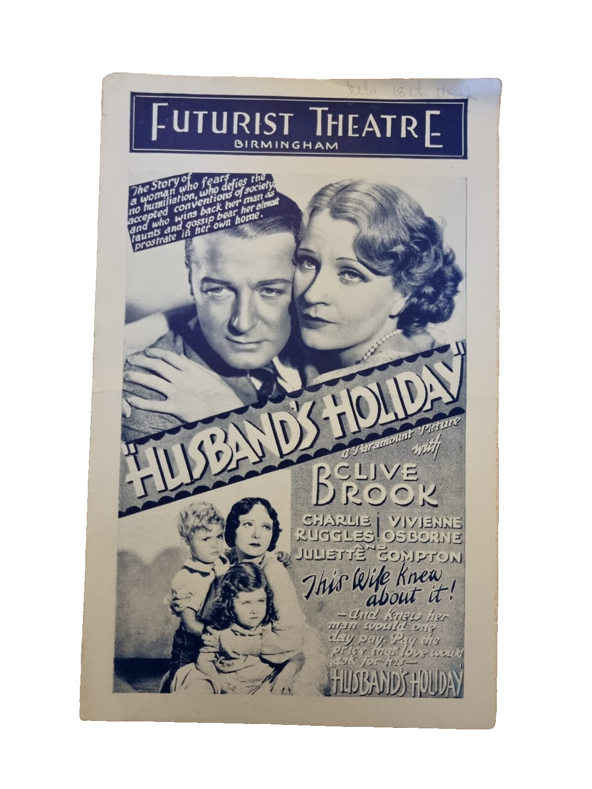 1930’s Cinema Programme Husband’s Holiday – Clive Brook Vivienne Brook / Sooky