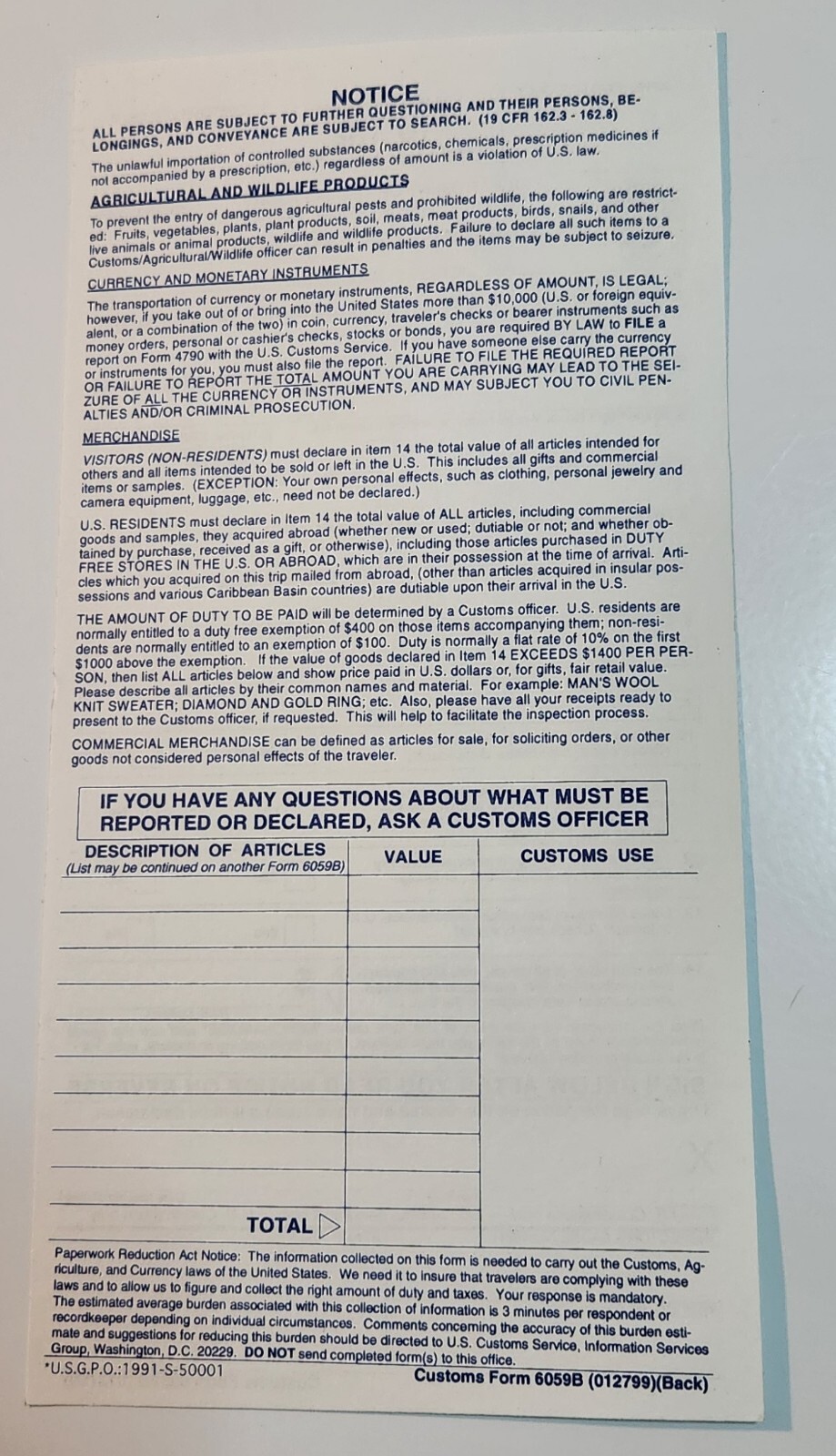 UNITED STATES 🇺🇲 ONE UNUSED CUSTOMS DECLARATION FORM 6059B CIRCA EARLY 2000’s