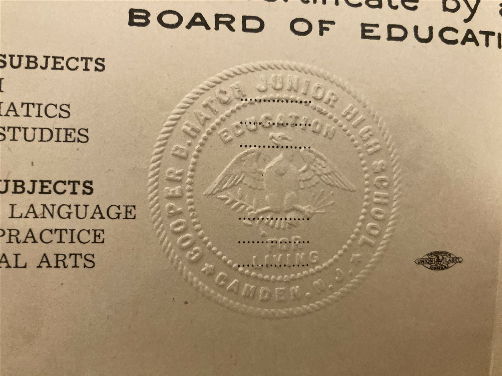 1951 Camden High School Diploma New Jersey NJ Vtg