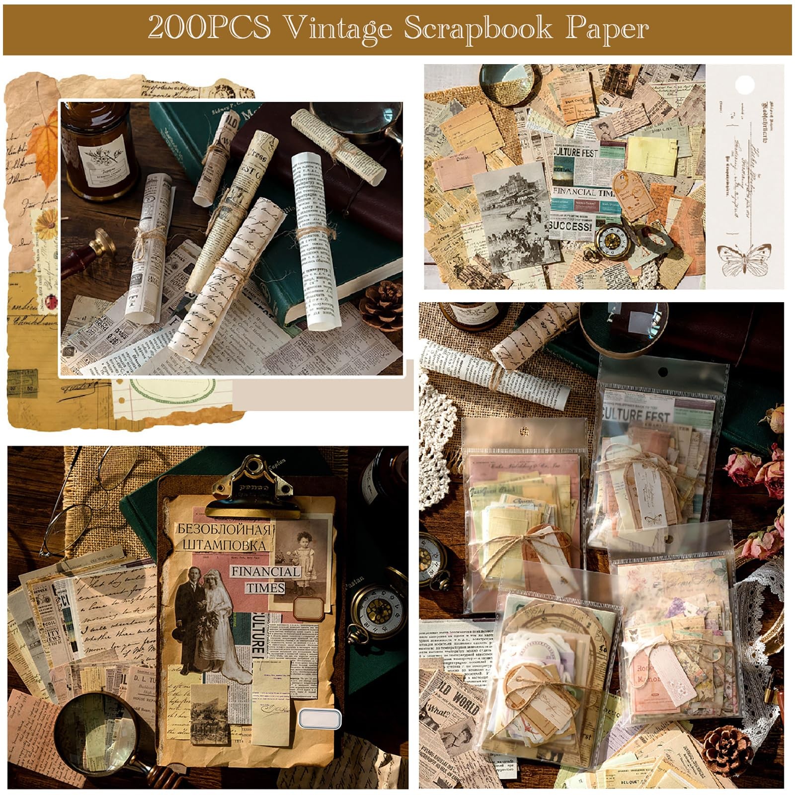 200 Sheets Vintage Newspaper Tickets Scrapbook Paper Ephemera Card Making Junk