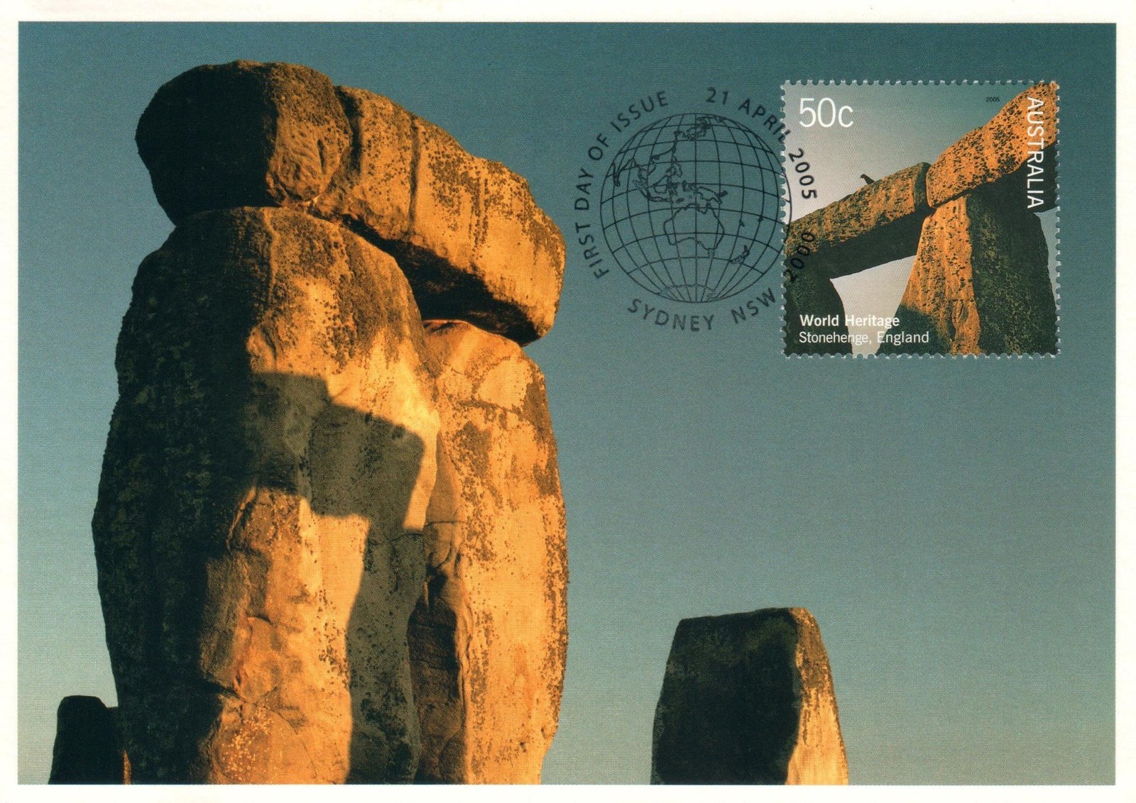 2005 Stonehenge Lintel Rock POSTCARD Maxicard FDI 50c Stamp Cancelled Sydney
