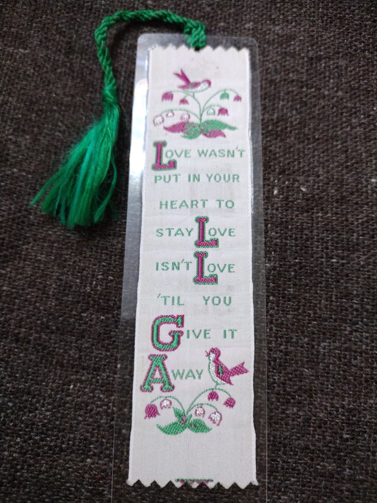 Vtg Weve A Gift Woven Bookmark Love Give It Away Birds Tassel Sound Of Music