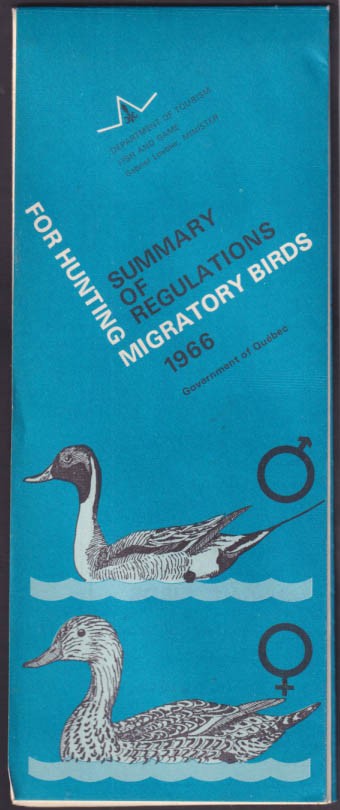 Summary of Regulations for Hunting Migratory Birds booklet Quebec 1966