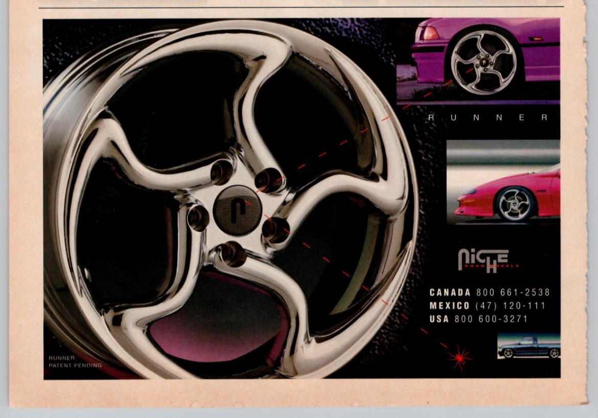 Niche Road Wheels Runner Canada USA Mexico c1997 VTG Lowrider Print Ad 4×8″