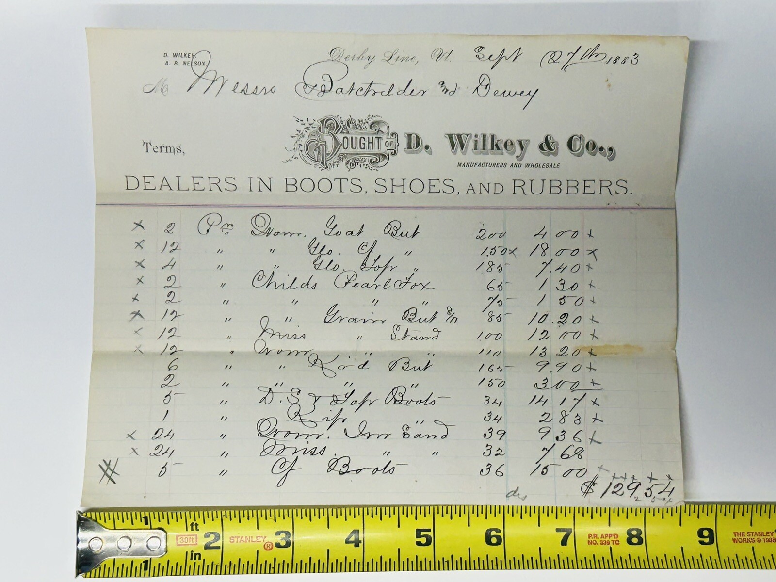 Derby Line, VT 1883 D Wilkey & Co Boots Shoes Rubbers Billhead Invoice Vermont