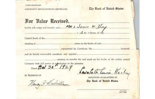 1929 Bank of United States Stock Transfer Document Assignment Form B FORM 439