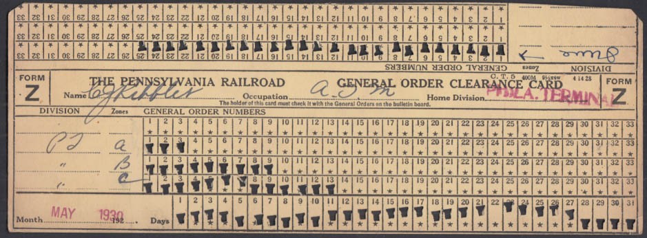 Pennsylvania Railroad General Order Clearance Card 5 1930 punched Phila Terminal