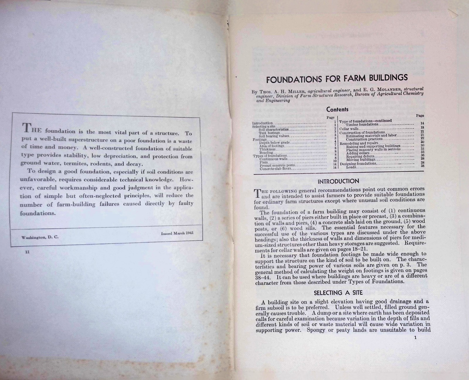 1941 USDA Farmers Bulletin No softcover Foundations for Farm Buildings
