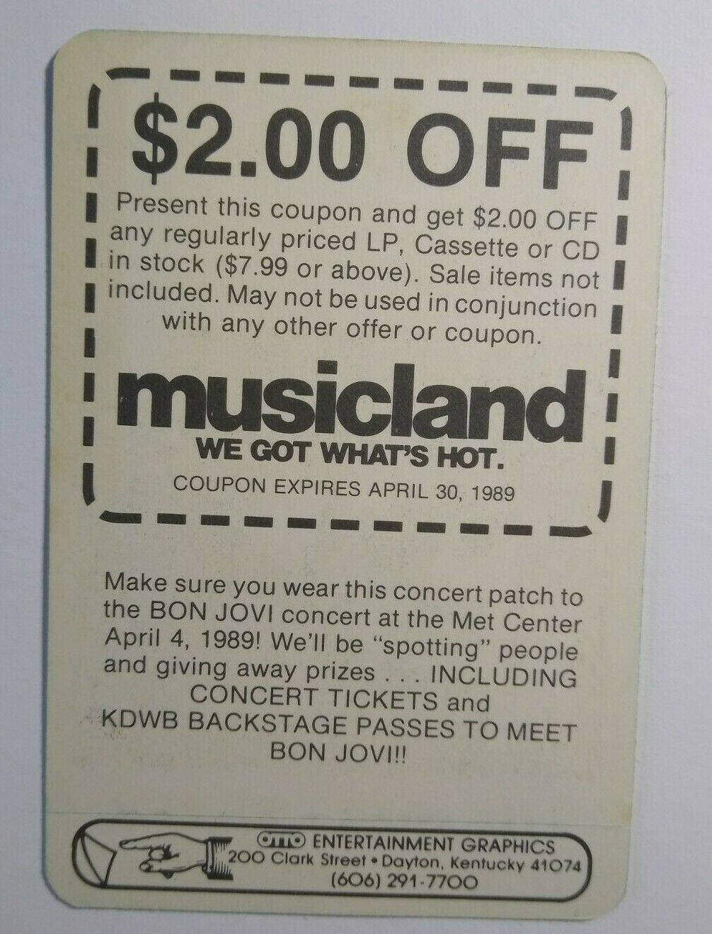 Bon Jovi Backstage Concert Pass Original 1989 Hard Rock Music Band Color Photo