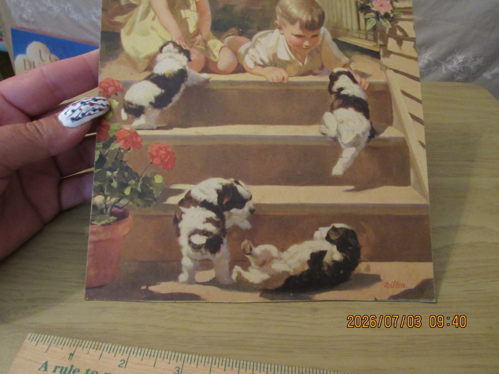 VTG Lithograph Jewel Tea Co Boy & Girl Sitting on Stairs with Puppies