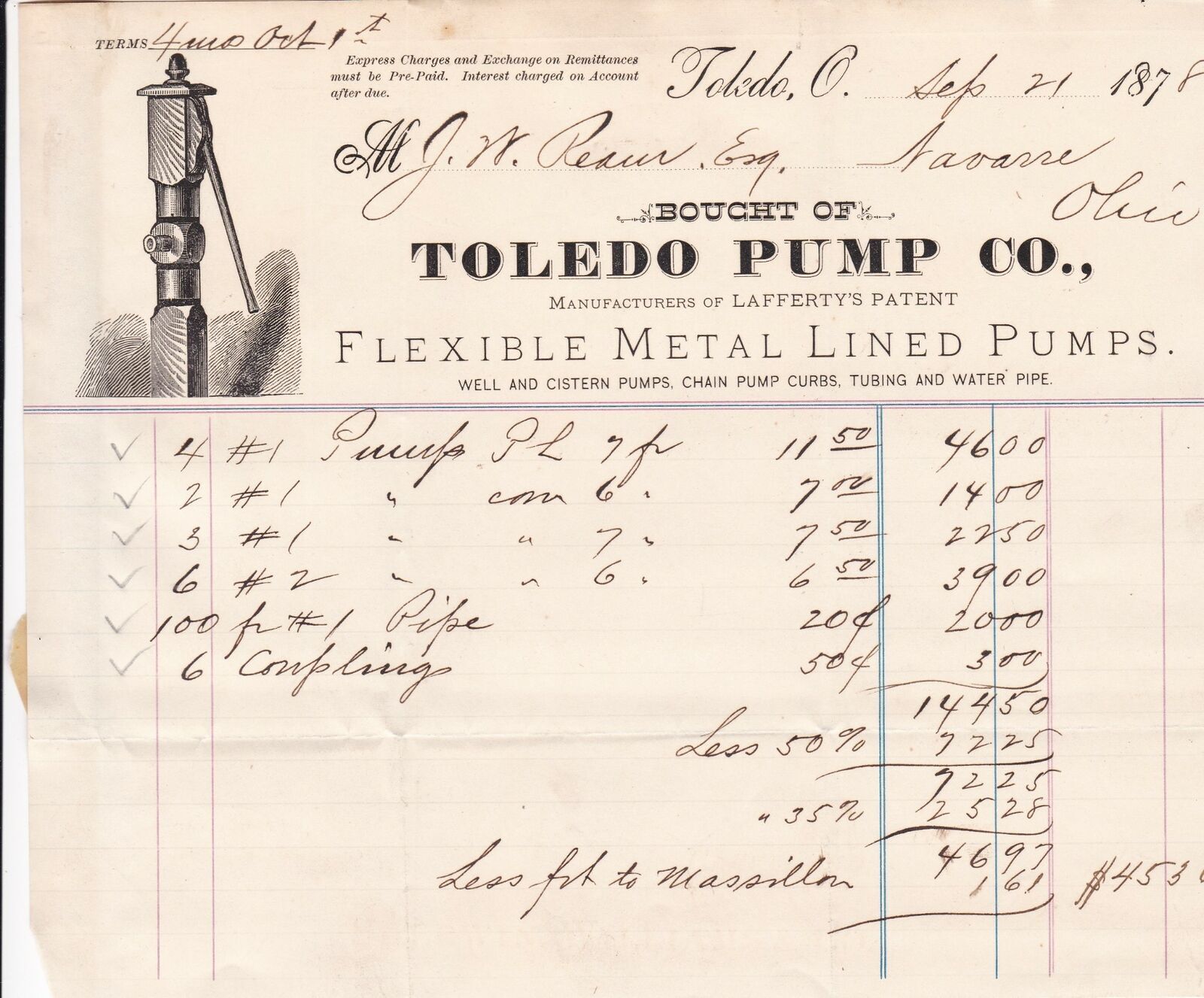 U.S. Toledo O. Toledo Pump Co. 1878 Metal Lined Pumps Goods Receipt Ref 37830