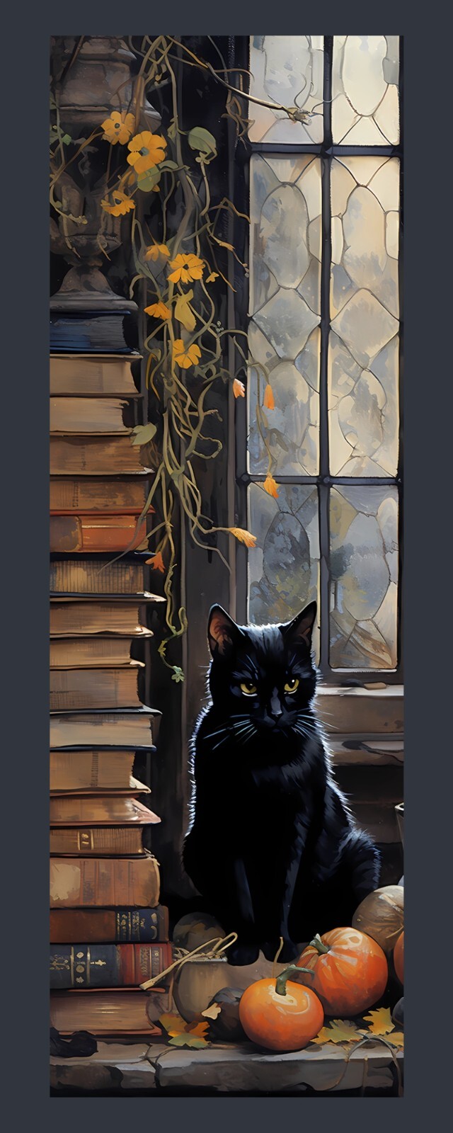 Black Cat with Books – Library Cat in Autumn – Laminated Bookmark