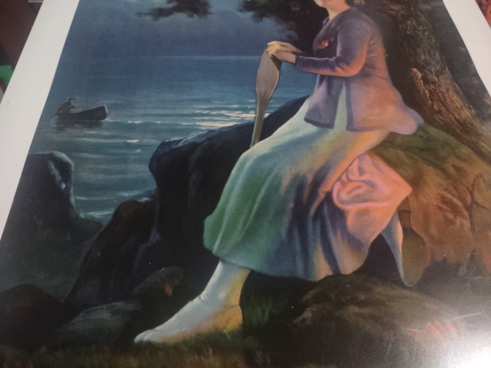 EARLY 1900’S VINTAGE CHROMOLITHOGRAPH PRINT YOUNG WOMAN MOONLIGHT CANOE PADDLE