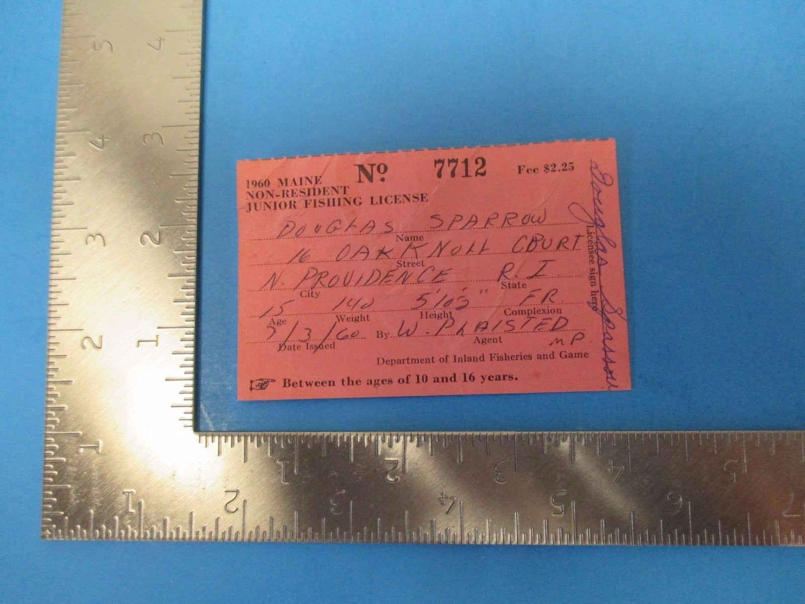 Vintage 1960 Maine Non-Resident Junior Fishing License, Douglas Sparrow, S517