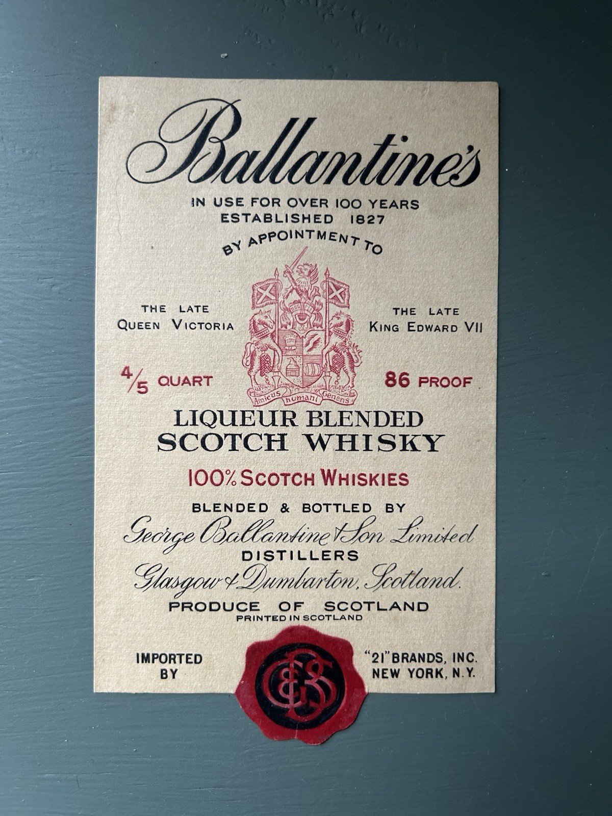 Vintage Ballantine’s Whisky Scotch Label Whiskey 4/5 Quart Scotland
