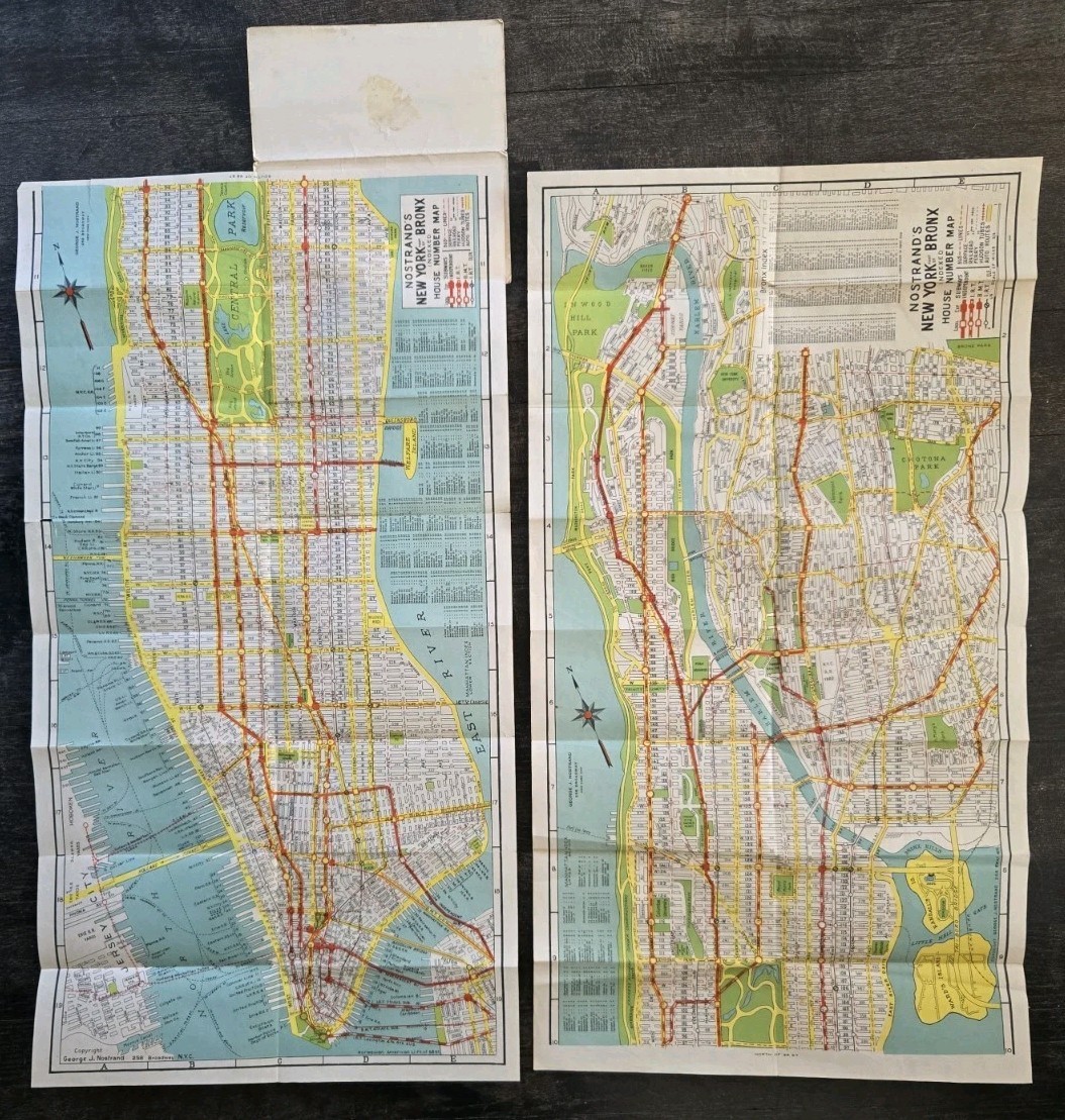 VINTAGE 1940s MAPS NEW YORK MANHATTAN BRONX HOUSE NUMBERS TRANSIT LINES SUBWAY