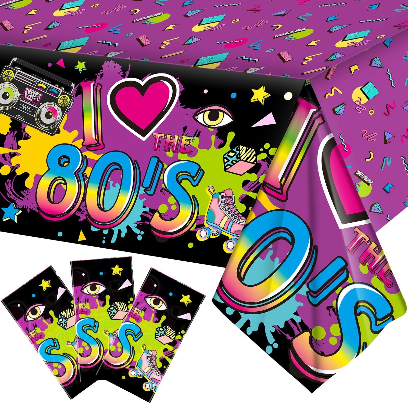 Kasyat 3 Pieces 80s Plastic Party Tablecloth 80’s Table Cover 80’s Birthday S…