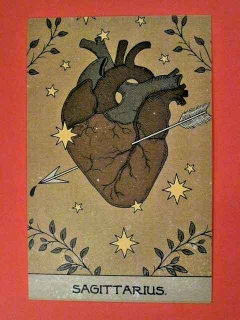 Sagittarius Art Post Card – Arrow thru heart – Excellent & Swift
