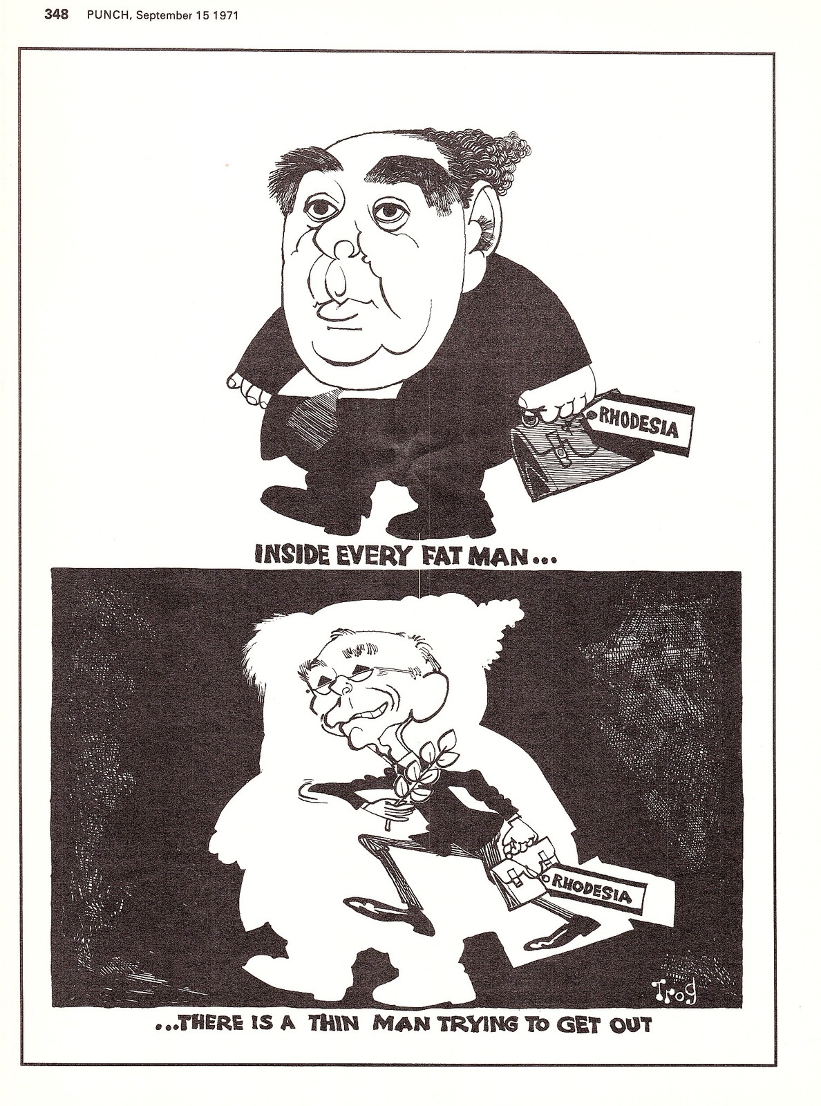 Original 1971 Punch TROG Cartoon Print: Rhodesia – “Inside Every Fat Man…..”