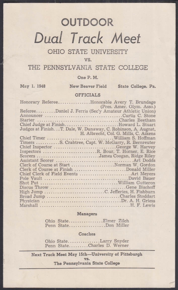 Ohio State at Penn State College Outdoor Dual Track Meet Program 5/1 1948