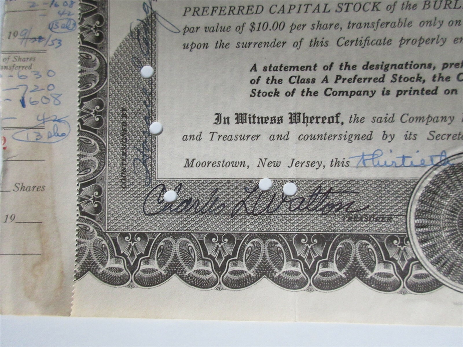 Burlington County Trust Company Stock Certificate Moorestown New Jersey 1953