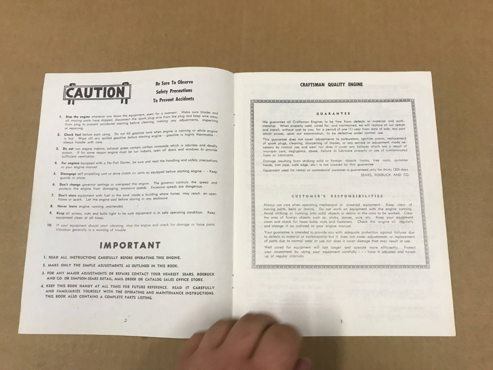 VTG Sears Care Owner’s Parts List For Craftsman Engine – Model #143.582022
