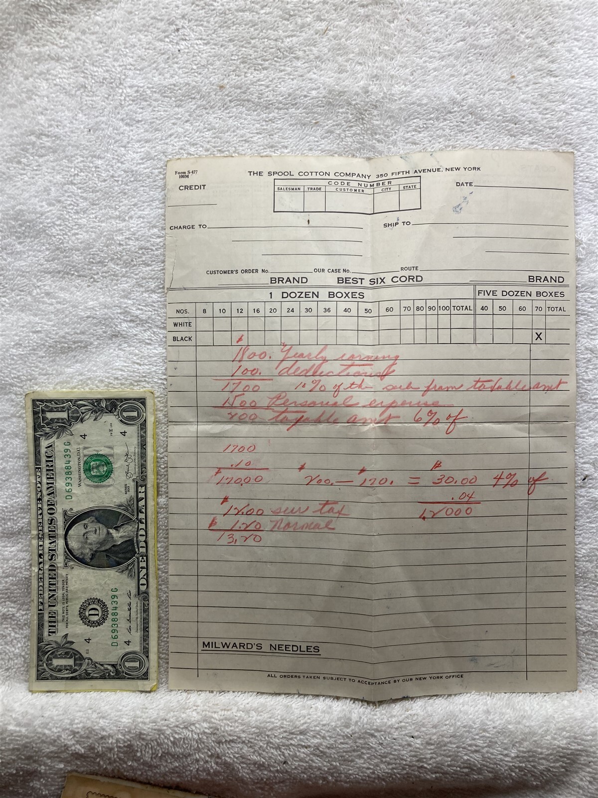 1920’s 1930’s 1940’s Spool Cotton Company New York Billhead Vtg Receipt