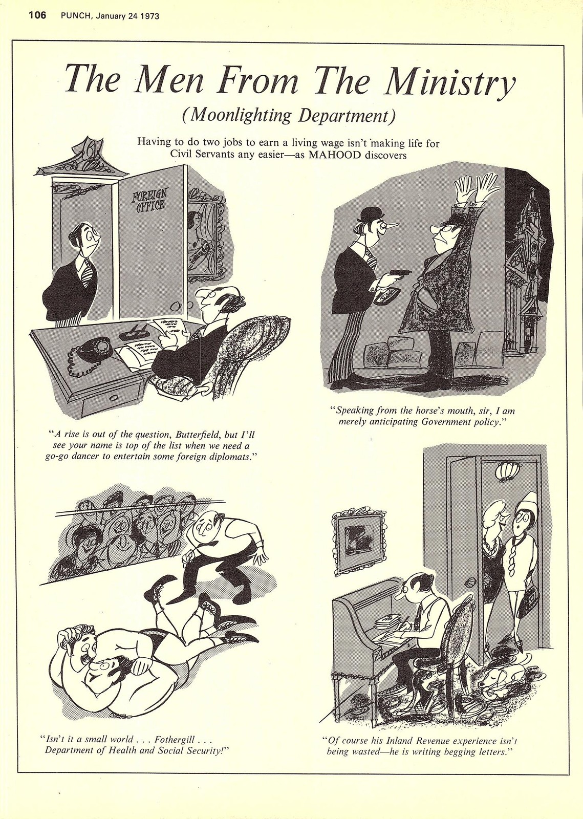 Original 1973 Punch Cartoon ‘MEN FROM THE MINISTRY, MOONLIGHTING’ Mahood Print